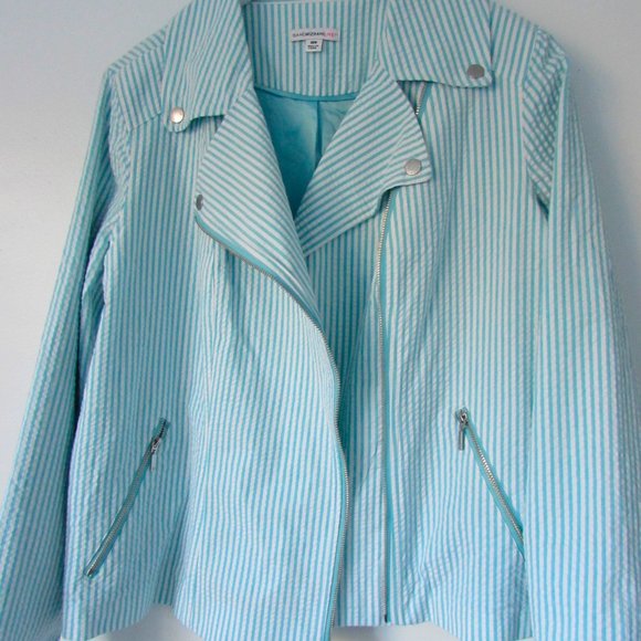 Isaac Mizrahi Live Jackets & Blazers - Isaac Mizrahi Moto Teal Pinstripe Seersucker